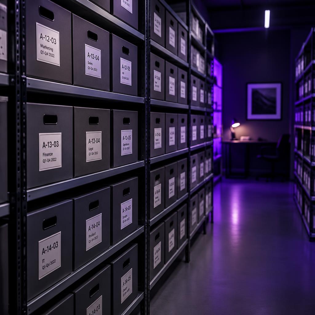 Organised archive boxes on shelving in a records storage room
