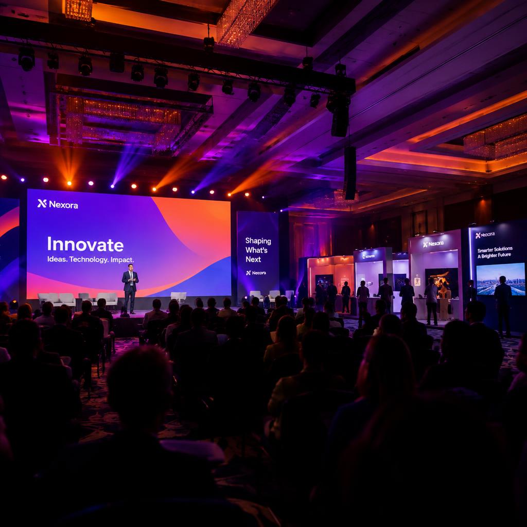 Corporate event stage with branded LED screen and purple lighting